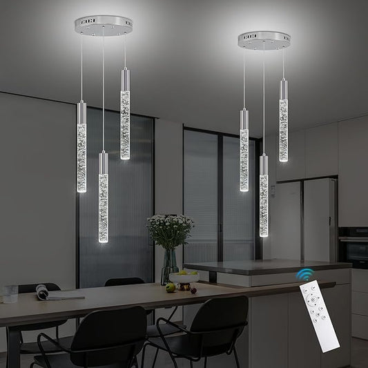 Modern Crystal Chandelier 3-Lights, Spiral LED Raindrop Kitchen Island Pendant Lighting, Bubble Foyer Dinimg Room Hanging Light Fixture Remote Control Chrome