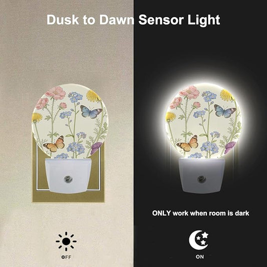 Butterfly Floral Night Light Yellow Daisy Flowers Plug-in Night Lights with Dusk-to-Dawn Sensor for Bedroom, Bathroom and Living Room 0.5W Sleep Friendly for Women/Girls/Boys