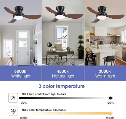 Kviflon 36 Inch Ceiling Fans with Lights, Small Flush Mount Ceiling Fan, Remote/APP Control, 3 Reversible Curved Blades, 6 Speeds, 3 CCT Dimmable Lights for Bedroom Kids Room, Brown