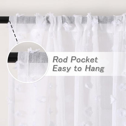 MYSKY HOME Pom Pom White Sheer Curtains for Bedroom Girls Room Curtains 72 Inches Long for Nursery Kids Light Filtering Boho Window Drapes, Rod Pocket, 52" Wide, 2 Panels