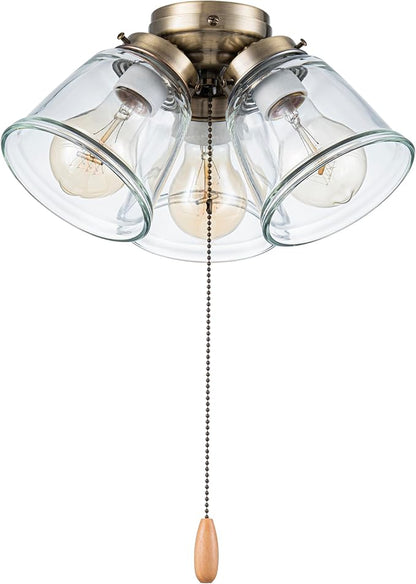 Aspen Creative 22014-1, Three-Light Ceiling Fan Light Kit with Pull Chain, Antique Brass Finish with Clear Glass Shades, 13-1/8" Diameter x 6-3/4" Height