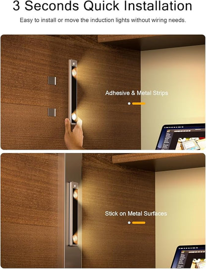 Under Cabinet Lights, Wireless Motion Sensor Light Indoor, Black 10in LED warm Lighting Rechargeable Battery Operated,4 Modes Night Light, Stick-On Magnetic Closet Lights for Kitchen, Hallway(2 Pack)