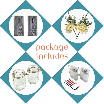 Modern Farmhouse Wall Decor, Country Wall Decor for Bedroom, Living Room, Kitchen, Rustic Wall Art with Led Fairy Lights & Rose Flowers, Wall Art Set of 2, Large Grey