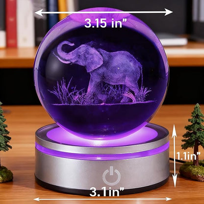 Elephant Gifts, 3D Elephant 3.15 Inch (80mm) Crystal Ball Lamp with Battery Powered, RGB Color Light for Birthday Xmas Cool Upgraded Animal Figurines Gifts for Room Decor Boys Girls