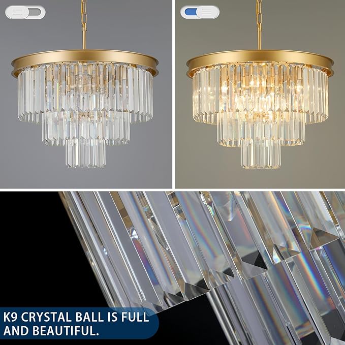 Weesalife Crystal Chandeliers for Dining Room Lights Fixtures, 9 Lights Gold Modern Chandeliers for Bedroom, 3-Tier Round Crystal Lighting Fixtures for Living Room Entryway Kitchen Island D20 Inch