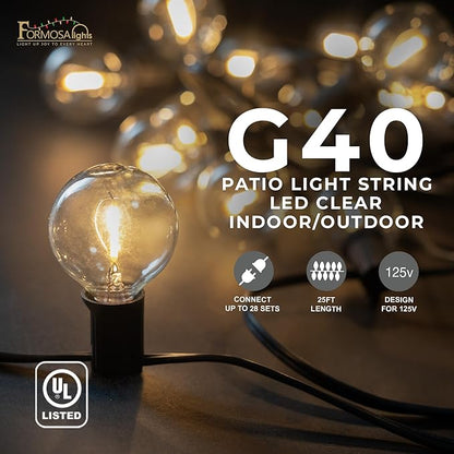 Formosa 26ft Clear Incandescent Christmas String Light, Outdoor G40 Shatterproof Bulbs, Patio Light with 25 Retro Globe Waterproof Edison Bulbs, Outside Hanging Lights for Patio Garden Backyard Decor