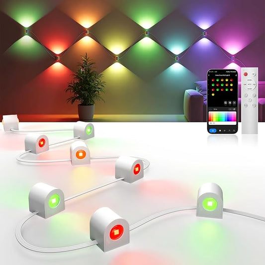 DeckTok 8-Light RGBCW Wall Sconce Light, Up/Down Bedroom Wall Lights, Music Sync, DIY-Styling Color-Changing Wall Lamps for Living Room Party Home Decor, Works with Alexa/Google Assistant, 23.3ft
