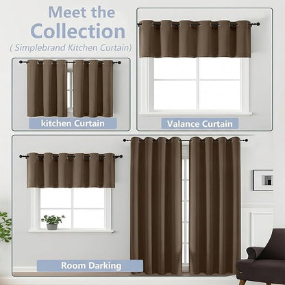 Simplebrand Brown Kitchen Valances for Windows 18 Inches Long 2 Pack, Room Darkening Window Valances for Living Room, Grommet Short Straight Drape Kitchen Curtains for Bedroom Kids Room, 40Wx18L