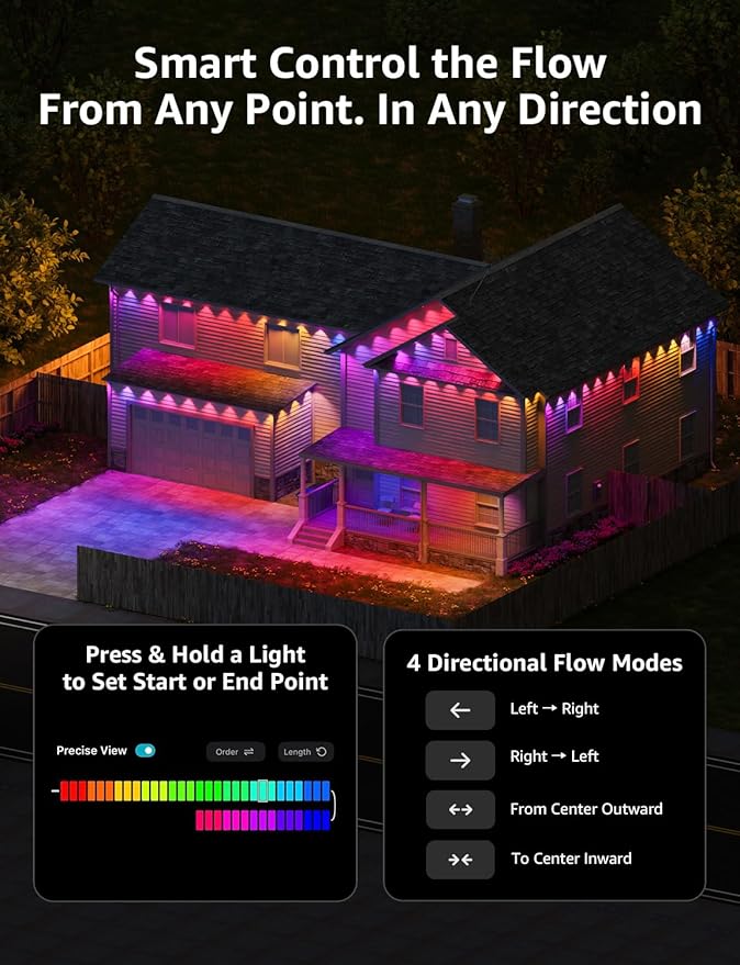 Lepro EE1 AI Permanent Outdoor Lights with Dual-Output, 50ft 30 LED RGB+IC Smart Outside Light for House Christmas Decor,Alexa Google Enabled 2.4 GHz WiFi/Bluetooth, APP Control No Remote Controller