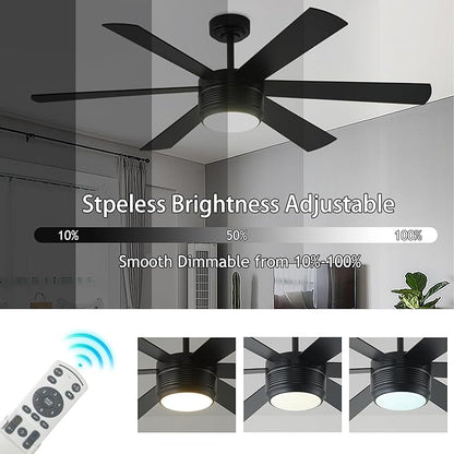 SHOWDI Ceiling Fan with Lights and Remote, 6 Blade App Control Timer Reversible Stepless Brightness and Color Temperature Outdoor Wood Ceiling Fan with Lights (Black, 56 Inch)
