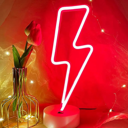 Lightning Bolt Neon Signs Red Lightning Neon Sign Light for Bedroom, USB/Battery Operated Thunder Lamp Neon Sign, Stand Lightning Shape LED Sign Decor for Shelf Desk Table Game Room Man Cave