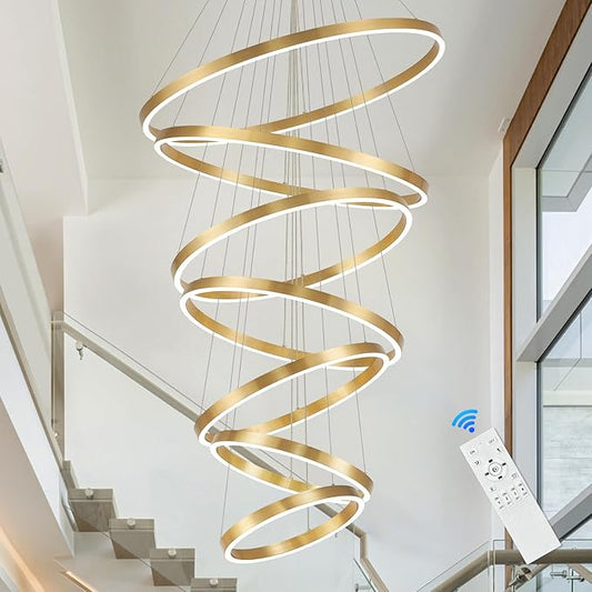 High Ceiling Brushed Gold Ring Chandeliers 7-Ring LED Chandelier Dimmable Modern LED Chandeliers 31" Large Foyer Chandelier Entryway Living Room Staircase, 3000K-6500K