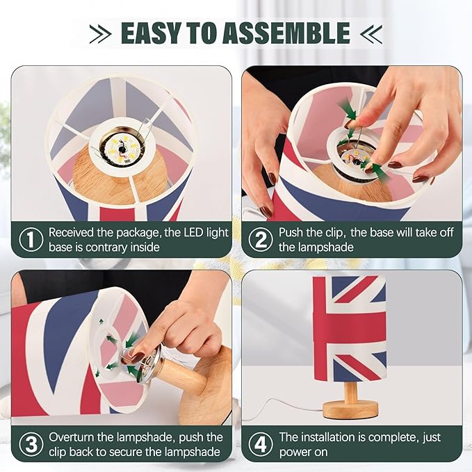 Table Lamp British Flag England London Union Jack Nightstand Lamp with Wood Base Fabric Lamp Shade Bedside Desk Lamp for Living Room Bedroom Kids Room Office
