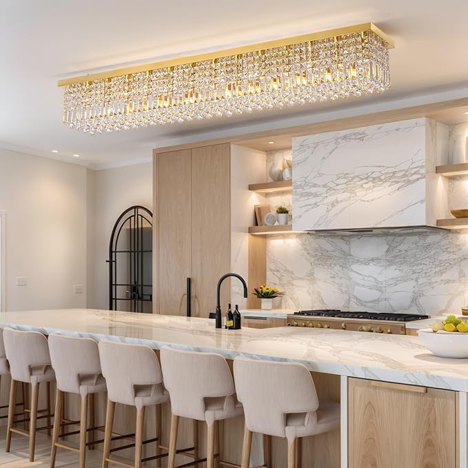 Siljoy 13-Light Modern Crystal Chandelier, Large Rectangular Gold K9 Crystal Raindrop Chandelier, Dimmable Flush Mount Crystal Ceiling Light for Dining Room Living Room Kitchen Island L59''