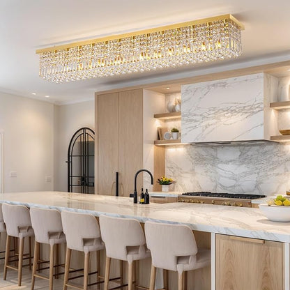 Siljoy 13-Light Modern Crystal Chandelier, Large Rectangular Gold K9 Crystal Raindrop Chandelier, Dimmable Flush Mount Crystal Ceiling Light for Dining Room Living Room Kitchen Island L59''