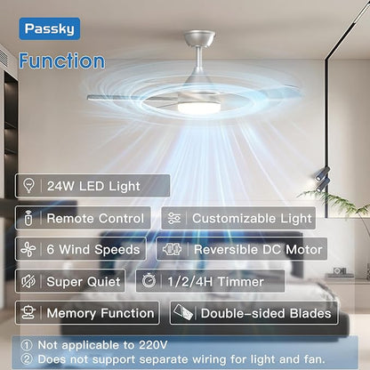 Passky Ceiling Fans with Lights, 42 inch Sleek Ceiling Fan with Light and Remote Control, 3CCT, Dimmable, Reversible, Noiseless, Silver Ceiling Fan for Bedroom, Living Room