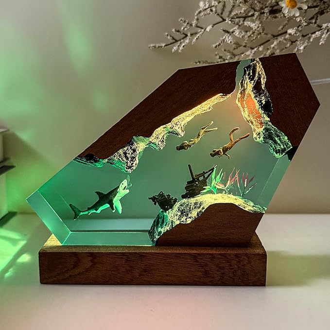 Epoxy Shark Ocean Resin Lamp, Handmade Resin Night Light with USB Port, Multi-Color LED Light, Ideal Home Bedroom Decor, Scuba Diver Gift for Birthday Holiday, Unique Shark Gifts for Him Her (10"x6")