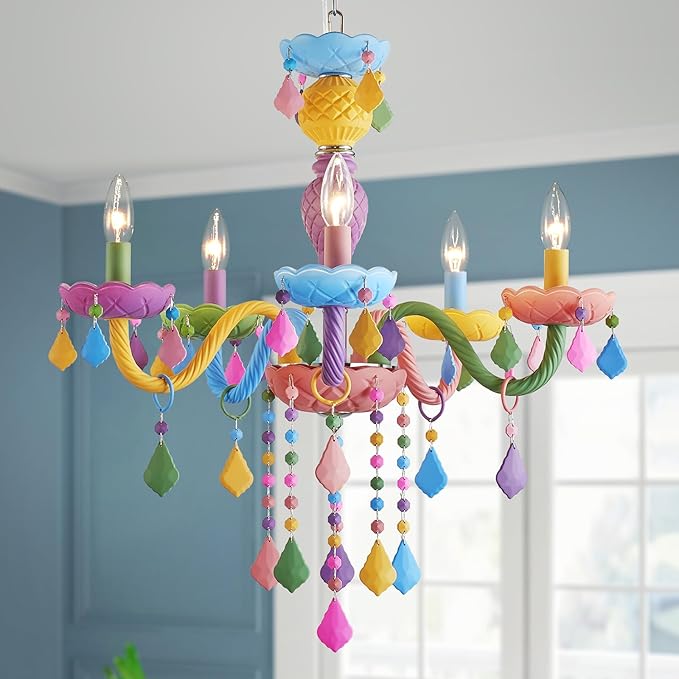 5-Lights Children Chandeliers, Modern Candy Design, Colorful Crystal Chandeliers for Bedroom, Dining Room, D22.8'' × H33.5'', Adjustable Height (33.5"~70.9"), Youth Color & Chrome Finish Frame
