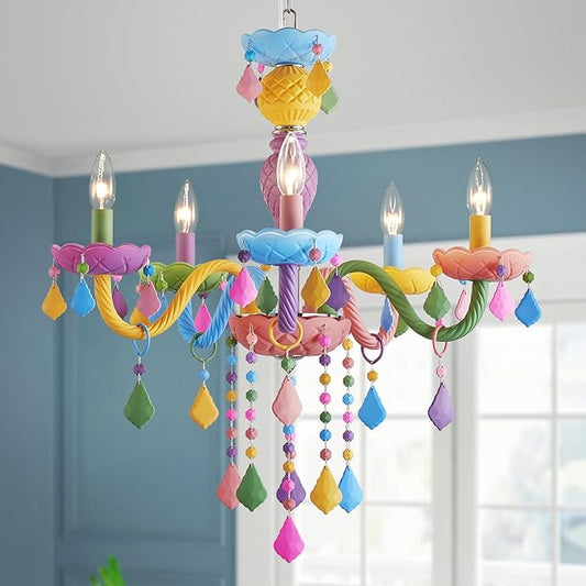 5-Lights Children Chandeliers, Modern Candy Design, Colorful Crystal Chandeliers for Bedroom, Dining Room, D22.8'' × H33.5'', Adjustable Height (33.5"~70.9"), Youth Color & Chrome Finish Frame