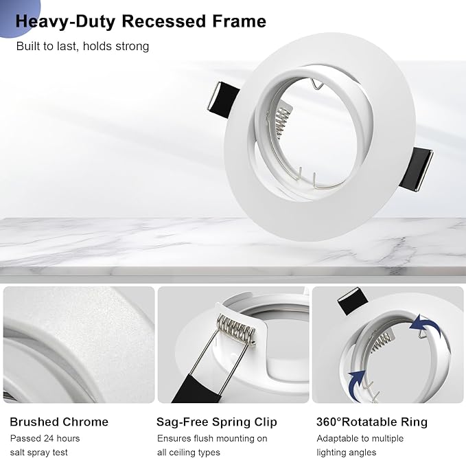 6 Pack Recessed Lighting Trims, MR16 GU10 GU5.3 Holders, 3 inch Recessed Light Socket, Adjustable Spotlight Frame Suitable for Ceiling Cabinet Kitchen, Matte White