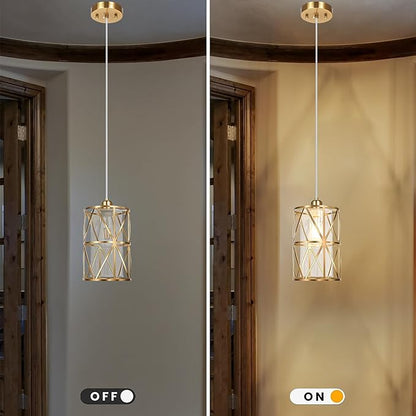Brushed Gold Pendant Light, 5.4"×7.9" Dual-Shade Kitchen Island Lighting with Clear Glass Shade, E26 Adjustable Height 1"-61", UL Listed, for Dining Room Foyer Entryway — Bulbs Not Included