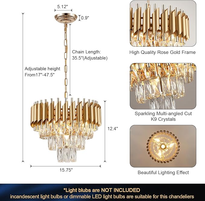AXILIXI Gold Crystal Chandeliers 16” Modern Ceiling Pendant Light Fixture for Dining Room 3 Tiers Dimmable Round Flush Mount Chandeliers for Living Room Foyer Bedroom Kitchen
