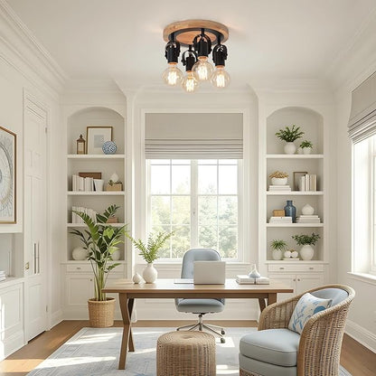 4-Light Round Flush Mount Ceiling Light，Adjustable Farmhouse Kitchen Track Light with Wood Base, Multi-Directional Dining Room Light for Island Hallway Entryway Bedroom.