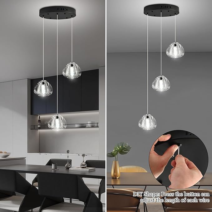 Modern Crystal Kitchen Island Chandelier 3-Lights Raindrop Pendant Light, Black Bubble Crystal LED Dining Room Bedroom Foyer Lighting Fixture