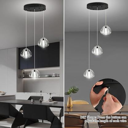 Modern Crystal Kitchen Island Chandelier 3-Lights Raindrop Pendant Light, Black Bubble Crystal LED Dining Room Bedroom Foyer Lighting Fixture