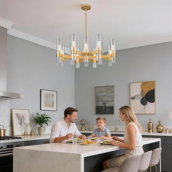 12 Light Gold Chandeliers for Dining Room Light Fixture, Modern Farmhouse Chandelier Over Table, Kitchen Hanging Lighting with Clear Glass Cover for Living Dining Room Kitchen Bedroom Foyer 34"
