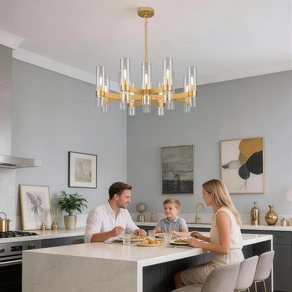 12 Light Gold Chandeliers for Dining Room Light Fixture, Modern Farmhouse Chandelier Over Table, Kitchen Hanging Lighting with Clear Glass Cover for Living Dining Room Kitchen Bedroom Foyer 34"