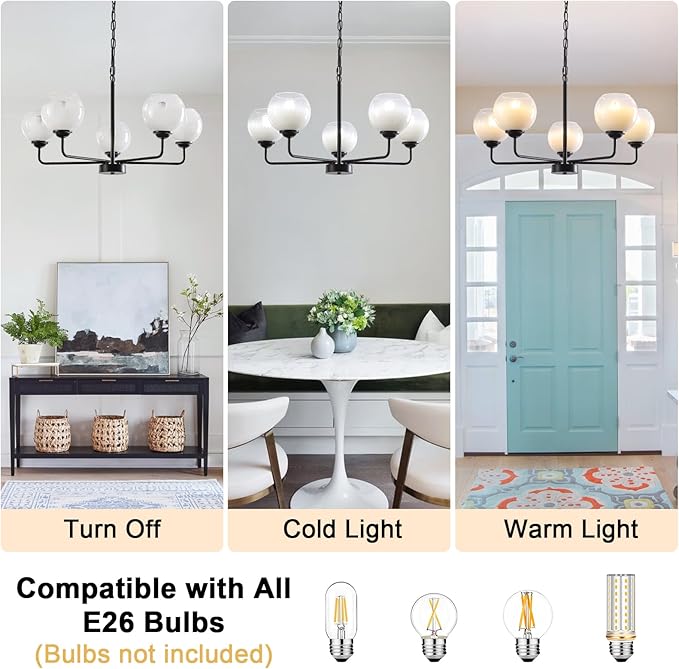 5 Light Globe Chandelier, Mid Century Modern Chandeliers for Dining Room, 28.35" Large Vintage Milk White Glass Pendant Light,Hanging Sputnik Ceiling Light Fixture for Bedroom Living Room Kitchen, E26