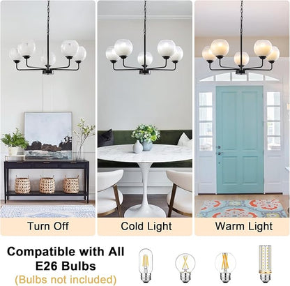 5 Light Globe Chandelier, Mid Century Modern Chandeliers for Dining Room, 28.35" Large Vintage Milk White Glass Pendant Light,Hanging Sputnik Ceiling Light Fixture for Bedroom Living Room Kitchen, E26
