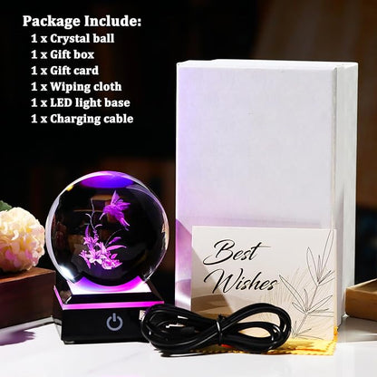 Arikyrist 3D Hummingbird Crystal Ball Gifts for Women Men on Christmas Birthday, Laser Engraved Hummingbird Figurine with Light Base, Hummingbird Globe Glass Decorative Ball for Home Office (80mm)