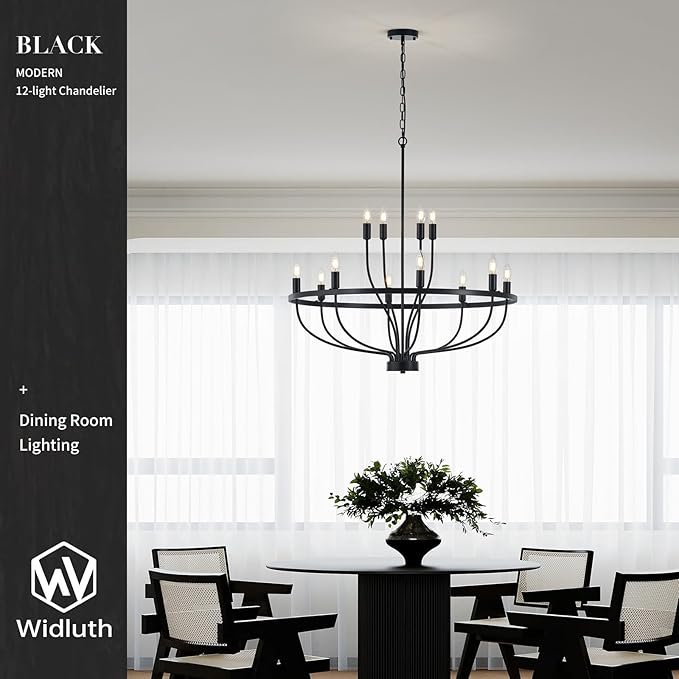 33.5" Industrial Black Chandelier Vintage 12-Lights Rustic Candle Style Chandeliers Light Fixture Retro Farmhouse Black Chandelier for Dining Room, Kitchen Island, Living Room, E12