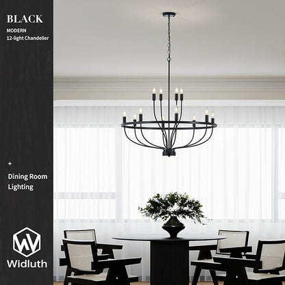 33.5" Industrial Black Chandelier Vintage 12-Lights Rustic Candle Style Chandeliers Light Fixture Retro Farmhouse Black Chandelier for Dining Room, Kitchen Island, Living Room, E12