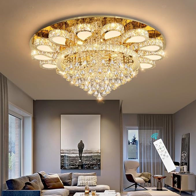 HAIXIANG Glam Crystal Chandelier for Living Room Dining Room Lights Sloped Ceiling Light Fixtures Luxury Modern Remote Dimmbale Lighting Gold 40 Inches