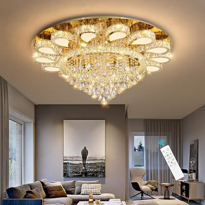 HAIXIANG Glam Crystal Chandelier for Living Room Dining Room Lights Sloped Ceiling Light Fixtures Luxury Modern Remote Dimmbale Lighting Gold 40 Inches