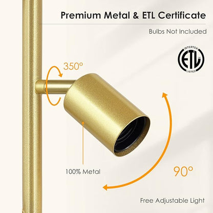 BoostArea Tree Floor Lamp, Brass Gold Industrial Floor Lamp, Modern Standing Lamp with Adjustable 3 Light, E26 Socket, Rotary Switch, Boho Stand Up Lamp Pole Lamps for Living Room, Bedroom (No Bulbs)