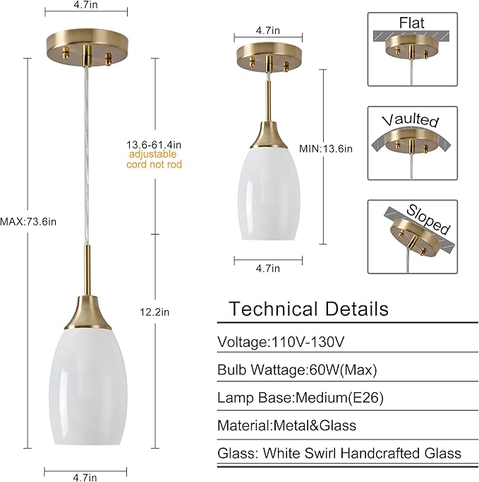 Viinew Mini Glass Pendant Light 4.72" with Handblown White Swirl Art Glass Hanging Light 1-Pack Oval Ceiling Hanging Light Fixture for Dining Room Kitchen Island Cafe Foyer Hallway