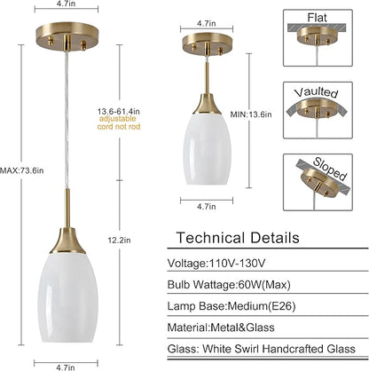 Viinew Mini Glass Pendant Light 4.72" with Handblown White Swirl Art Glass Hanging Light 1-Pack Oval Ceiling Hanging Light Fixture for Dining Room Kitchen Island Cafe Foyer Hallway