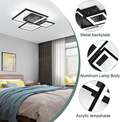 Modern Black Led Ceiling Light 3-Square Design 3000K-6500K Dimmable LED Ceiling Light with Remote 33W Acrylic Ceiling Lighting Fixture for Bedroom Kitchen Dining Room Office Lamps