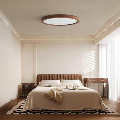 Ultra-Thin LED Ceiling Light Fixture 24.4", Handcrafted Walnut Wood Modern Wabi-Sabi Style, Slim 2.5cm Profile, 37W LED 3000K-4000K-6000K, Round Minimalist Lamp for Bedroom Kitchen Hallway
