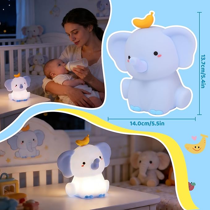 Attivolife Elephant Night Light, Cute Elephant Squishy Silicone Touch Lamp, Nursery Bedside Room Decor Rechargeable Nightlight with Dimmable Timer, Birthday Xmas Gifts for Toddler Kid Boy Tee (Blue)