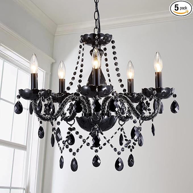 Saint Mossi Modern K9 Crystal Chandelier,Black Chandelier with 5 Lights E12 Base, Modern Pendant Ceiling Lighting Fixture for Dining Room,Bedroom,Living Room, D19 x H19 with Max 59" Adjustable Chain