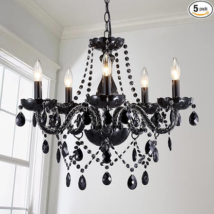 Saint Mossi Modern K9 Crystal Chandelier,Black Chandelier with 5 Lights E12 Base, Modern Pendant Ceiling Lighting Fixture for Dining Room,Bedroom,Living Room, D19 x H19 with Max 59" Adjustable Chain
