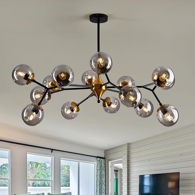 hesoge 15 Light Sputnik Modern Large Chandelier, Mid Century Black and Gold Metal Ceiling Light Fixture with Glass Globe,Pendant Light Hanging for Dining Room Kitchen Living Room Bedroom Foyer.