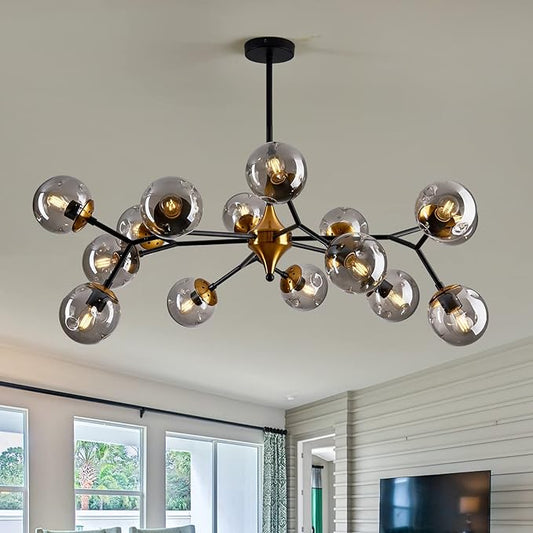 hesoge 15 Light Sputnik Modern Large Chandelier, Mid Century Black and Gold Metal Ceiling Light Fixture with Glass Globe,Pendant Light Hanging for Dining Room Kitchen Living Room Bedroom Foyer.