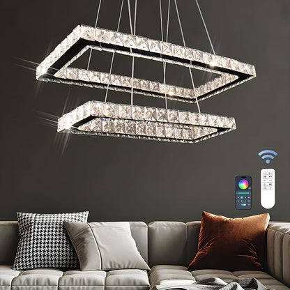 Dimmable Crystal Chandelier, Modern Rectangular 2 Ring LED Pendant Light with Remote & App Control, 20.5"+17" Adjustable Hanging Height, 3 CCT 2500K/4500K/6500K, Kitchen Island Dining Room