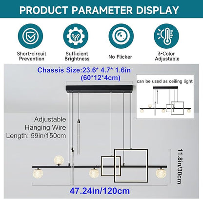 ORANOOR Modern LED Pendant Lights, 47in Dimmable Linear LED Chandelier Lighting, Square Black & Gold Dining Room Hanging Light Fixtures Kitchen Island Globe Pendant Light for Dining Table (4200lm)